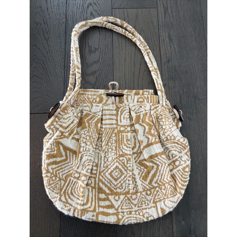 Vintage Yellow Cream Large Shoulder Bag Wooden Toggle Buttons